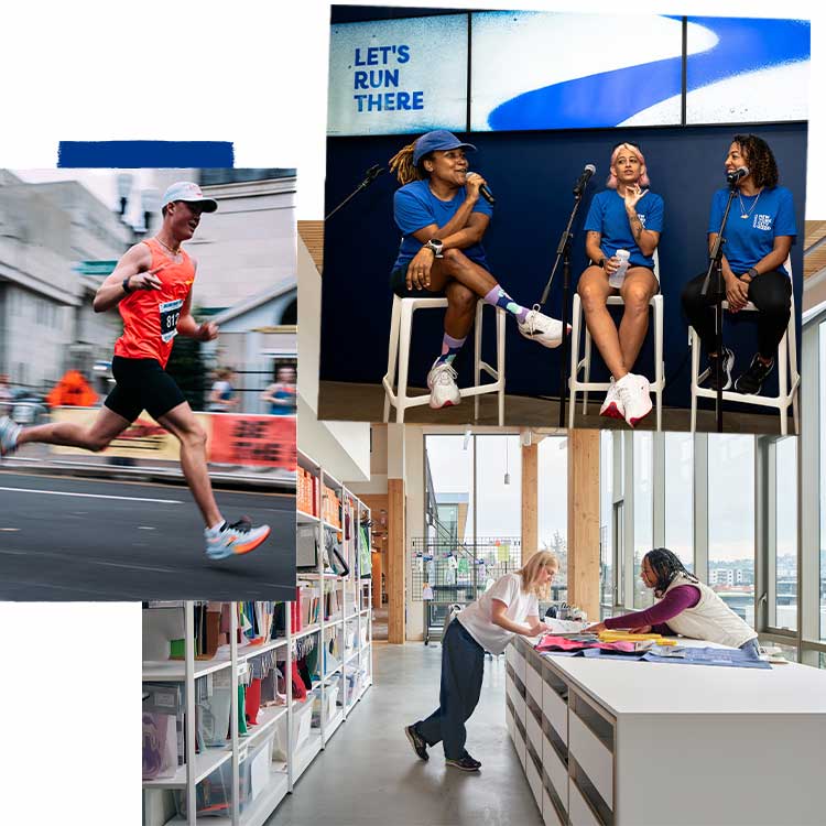 Un collage d’employés et de communautés Brooks. Une personne court, tandis que d’autres parlent entre elles et collaborent au travail.