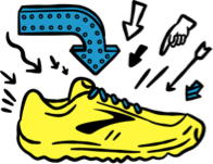 Un soulier de course illustré avec des flèches pointant vers lui