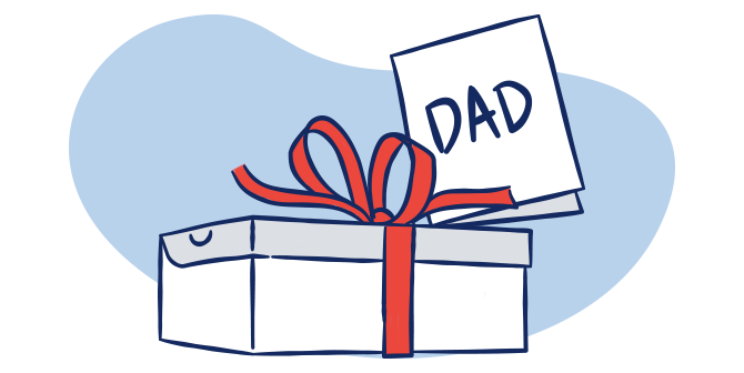 Illustration of a gift box with a red bow and card with "Dad" on it