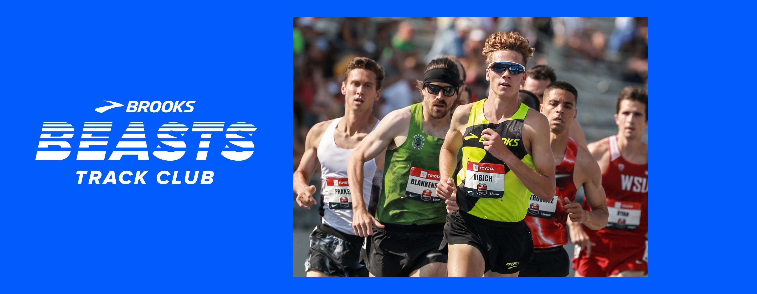 Brooks pro runner David Ribich leads the pack during an outdoor track race.