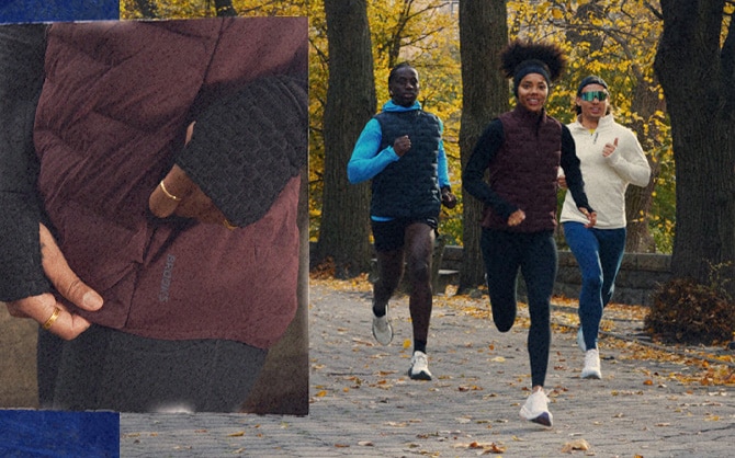 A collage showcasing a closeup of Brooks apparel, and a group of people running in a fall setting.