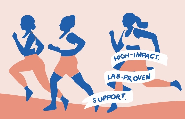 Orange and blue iIllustration of three women running