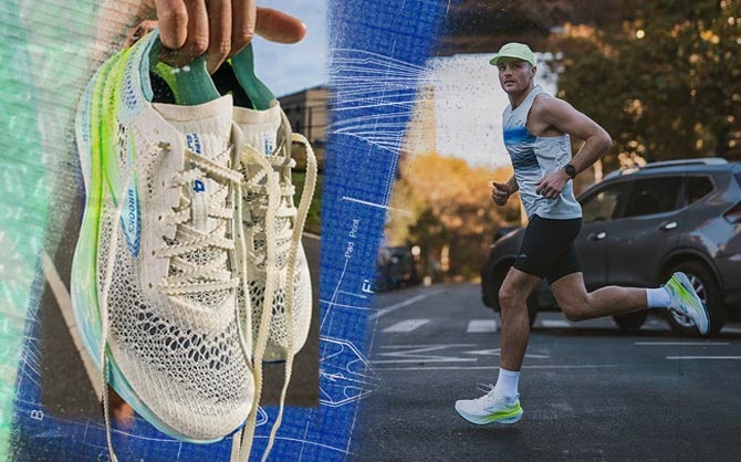 A la izquierda, las Hyperion Elite 4 PB A la derecha, un runner masculino en movimiento.