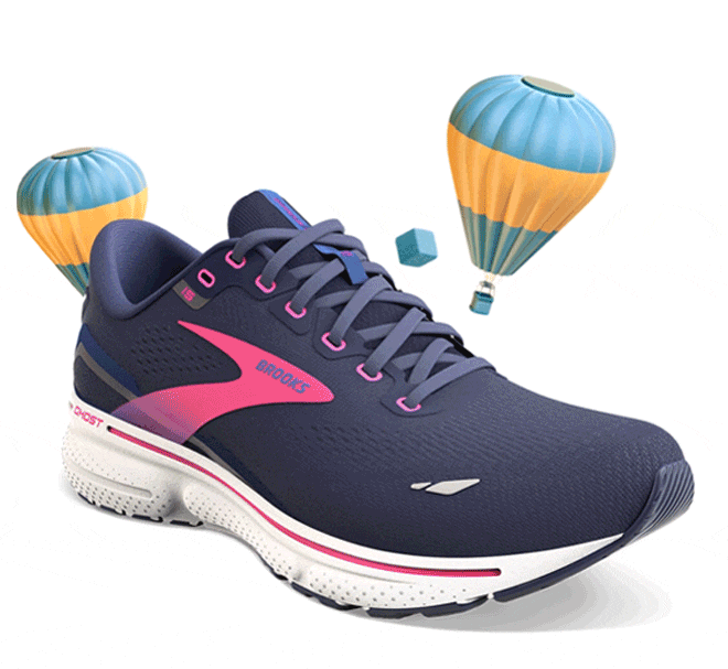 GIF de chaussures de running changeant de coloris entourées de montgolfières