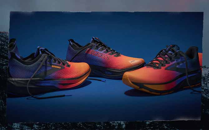 Bright Brooks shoes against a dark blue background