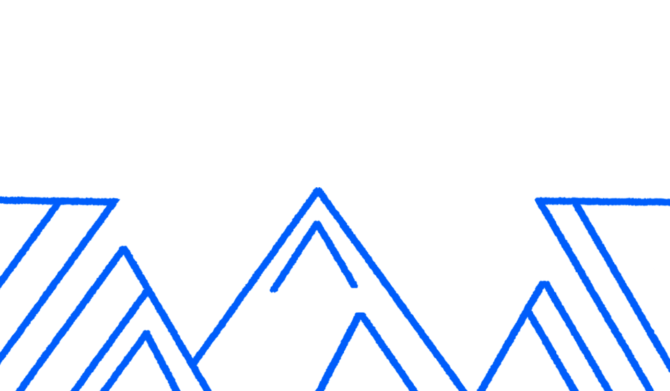 A blue background with white cartoon, geometric mountains drawn on it