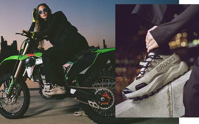 Image on left is a woman on a dirt bike, image on right is a close-up of the RSVP Gallery X Caldera 8