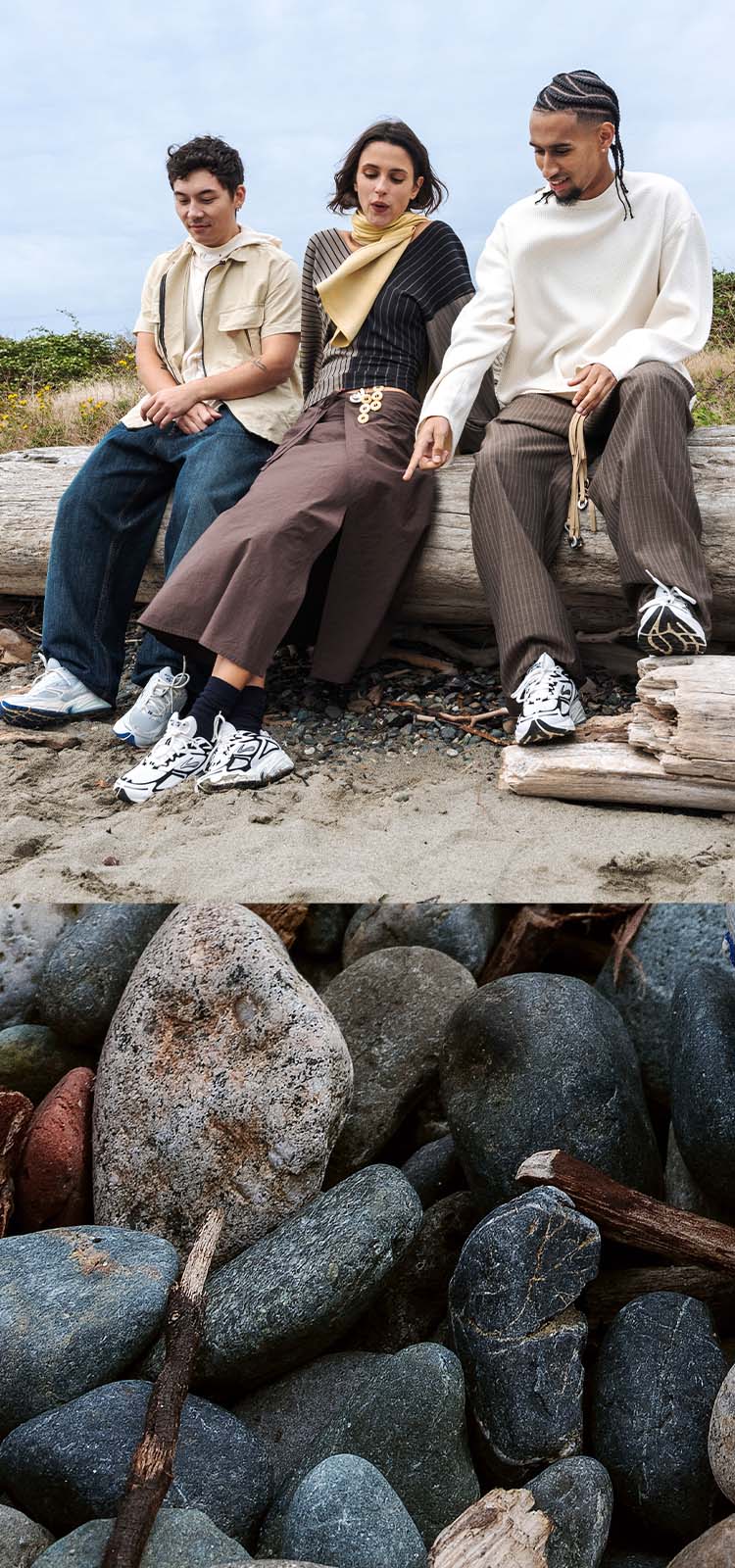 Three people sitting on a log wearing the Adrenaline GTS 4