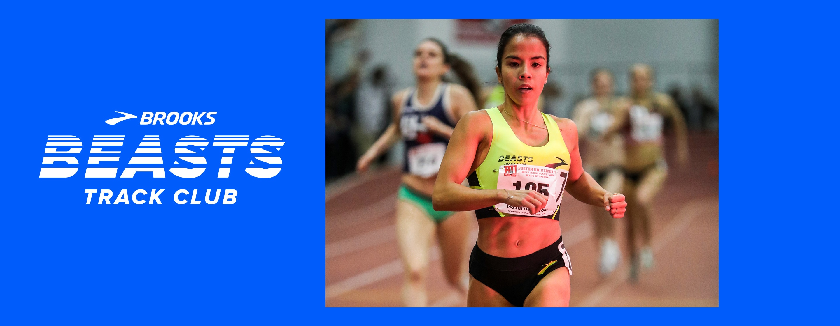La coureuse professionnelle de Brooks, Marta Pen Freitas Pires, court jusqu’à la ligne d’arrivée lors d’une compétition d’athlétisme en salle.