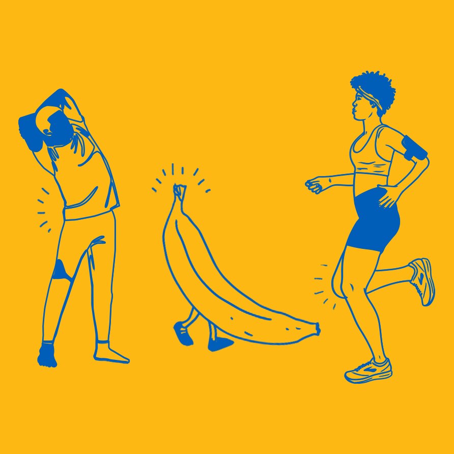 Blue illustrations on yellow background of runners and banana