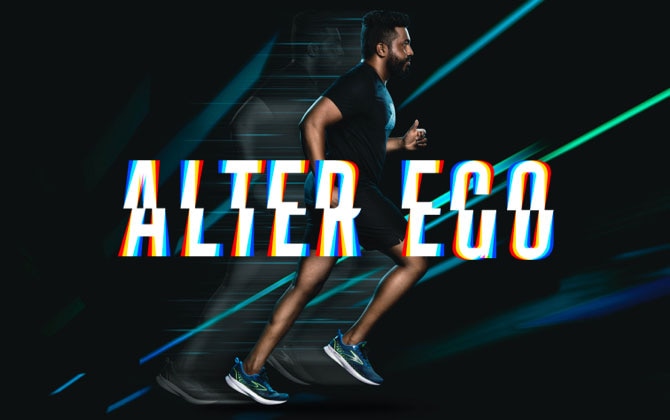 A man running in the Levitate 5 in front of a black background with neon blue and neon green streaks of light. In front of the man are the words “alter ego”.