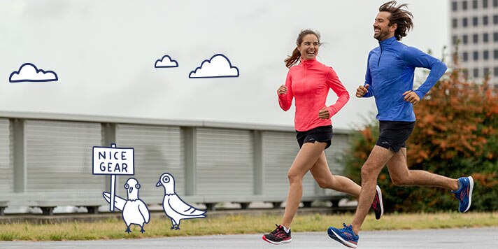 Two runners with illustrated birds and clouds