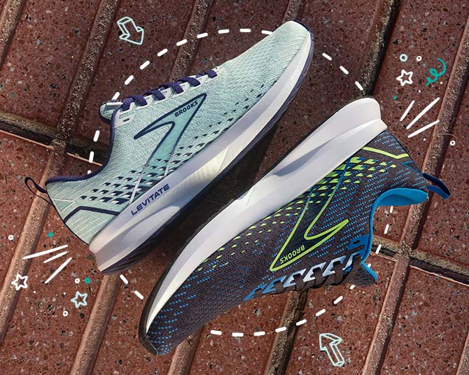 Two shoes on brick floor surrounded by dotted line and arrow illustrations