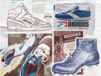 Brooks through the years, illustrated with old designs and blueprints of shoes