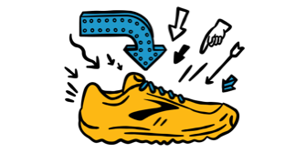 Illustrazione di una scarpa Brooks con frecce che la indicano.