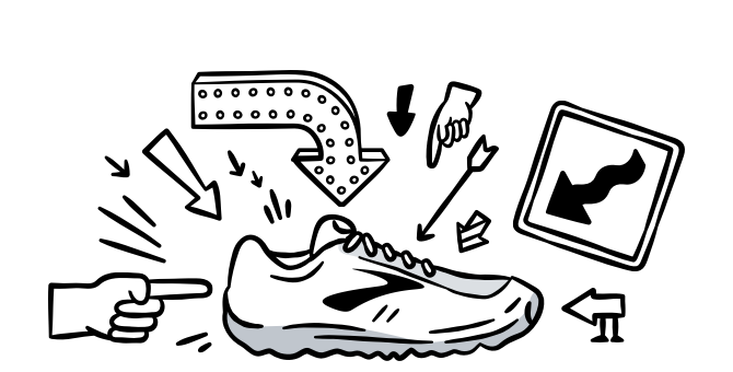 Illustrated running shoe with arrows pointing at it