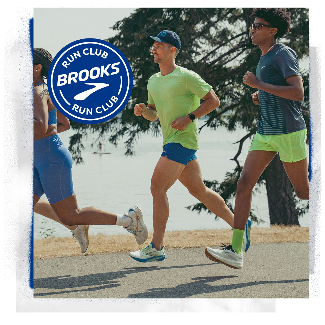 Three runners in stride, with the Brooks Run Club logo showing
