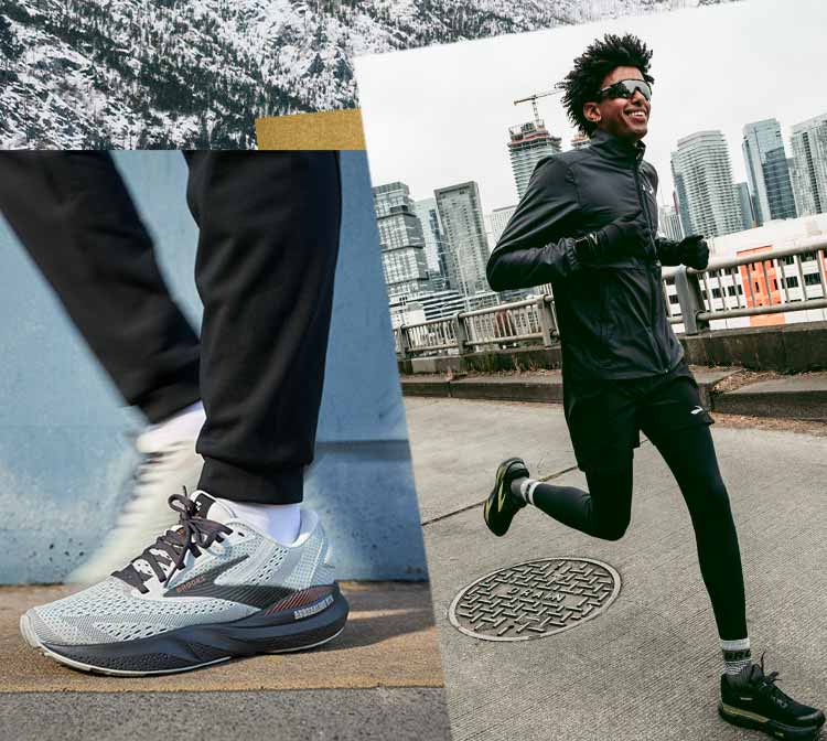 A collage showcasing a Brooks shoe, next to a man running on a sidewalk against a cloudy background