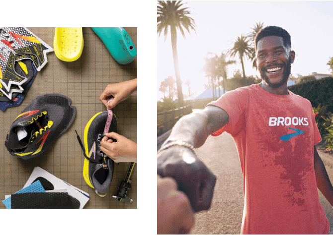 Shoe parts on sewing measuring board with hands taking a measurement and Man wearing a red Brooks t-shirt giving a fist bump