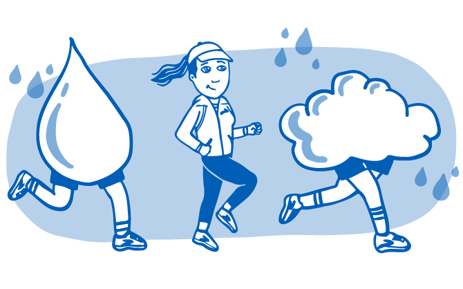Illustrazione di una goccia di pioggia, un runner e una nuvola
