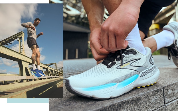 A man jumping on the left, a close-up of a shoe on the right