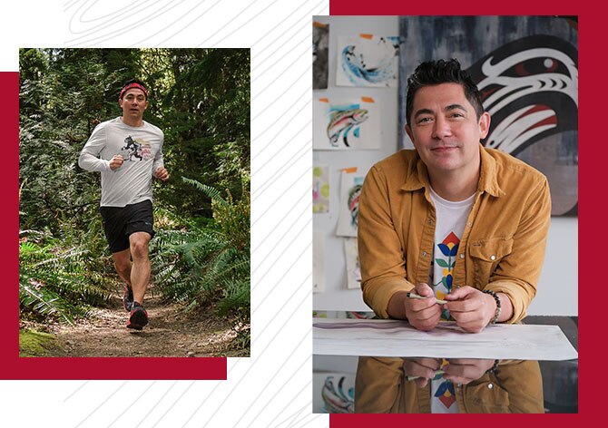 Two photos of Louie Gong (Nooksack) trail running and in his studio