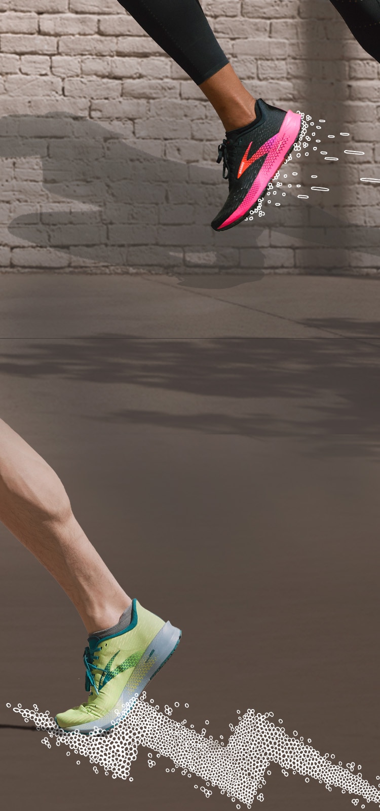 Side view of two runners wearing green and black Brooks running shoes