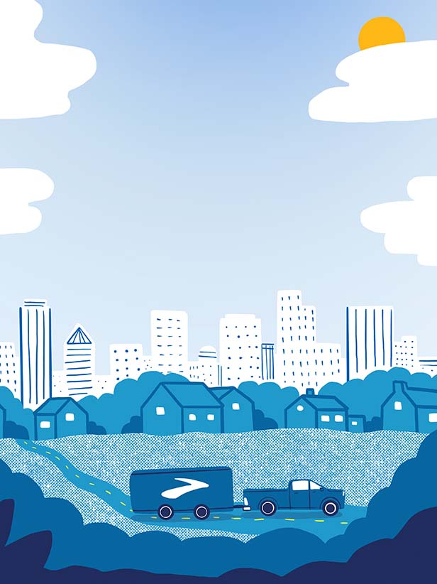 Illustration of a truck leaving a city