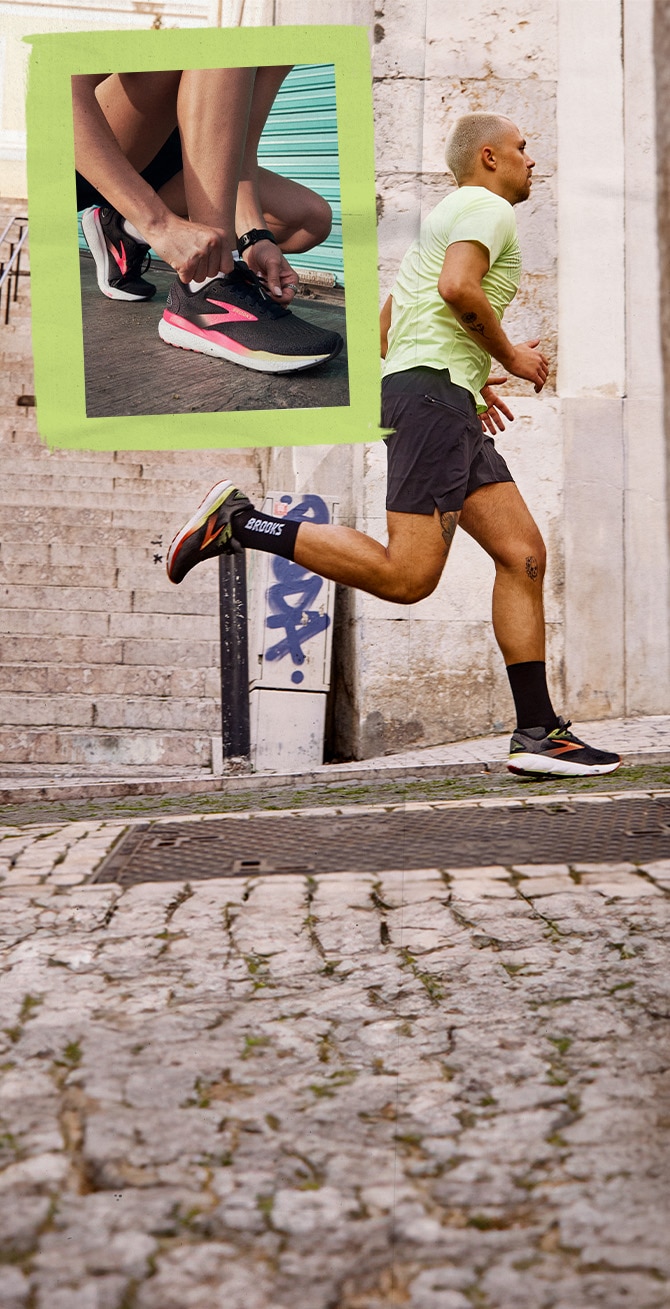 Collage di immagini di un uomo che corre con le nuove scarpe da corsa Ghost 16