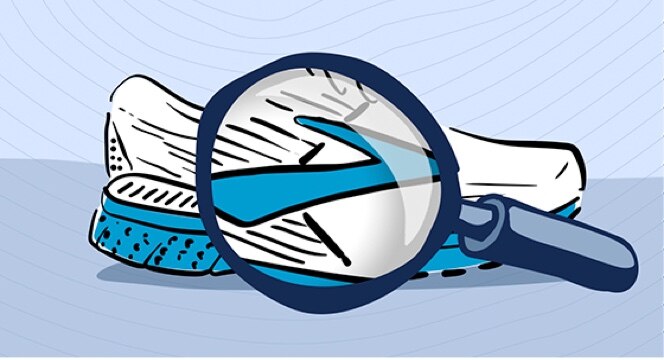 Illustration of magnifying glass on blue and white running shoe