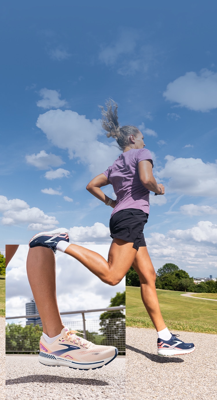 Un collage de corredoras llevando zapatillas para correr con amortiguación