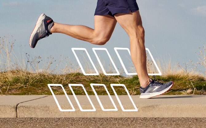 A close-up of the legs of a man running in the Adrenaline GTS 22 with illustrations of white rectangles beside the shoes.