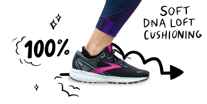 A close up of a foot wearing the Ghost 14 with an arrow behind the shoe pointing to the right. “100%” is handwritten to the left of the foot and “soft DNA LOFT cushioning” is handwritten to the right.