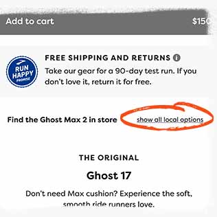 Screenshot of Shop Locally on brooksrunning.com