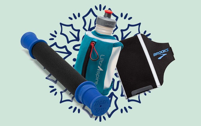 Close-up of foam roller, water bottle, and armband. 