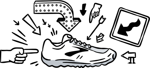 Illustration of arrows pointing to a Brooks shoe.