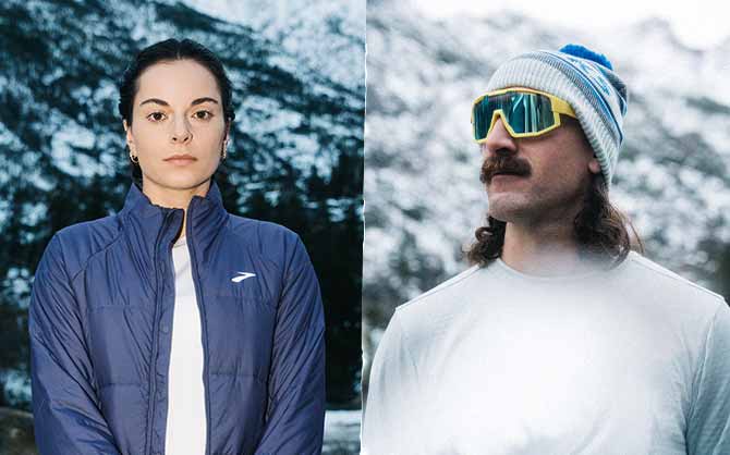 A man and a woman stand side-by-side, wearing Brooks gear in front of a snowy setting