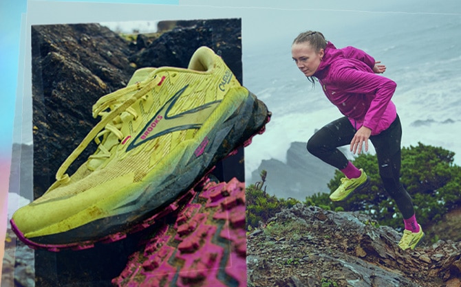 Un collage de una mujer subiendo una colina.