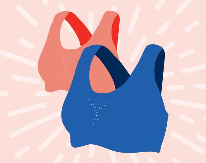 Une illustration d’une brassière de course bleue et d’une brassière de course de couleur saumon sur un fond rose clair.