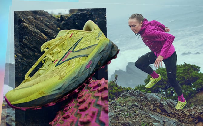 A collage of a woman walking up a hill.
