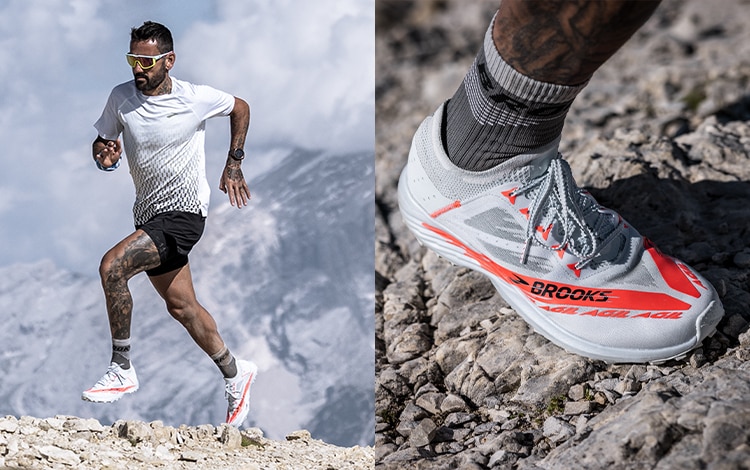 A split image of a man wearing the Catamount Agil trail running shoes