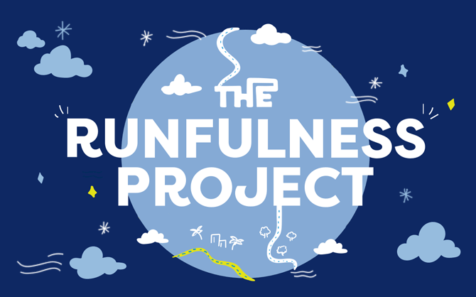An illustrated world with the text "The Runfulness Project" in front of it, surrounded by clouds, sparkles and arrow graphics.