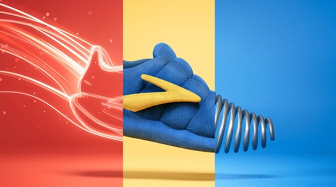 Illustrazione scarpa da corsa suddivisa in tre colori: rosso per velocità, giallo per ammortizzazione e blu per elasticità