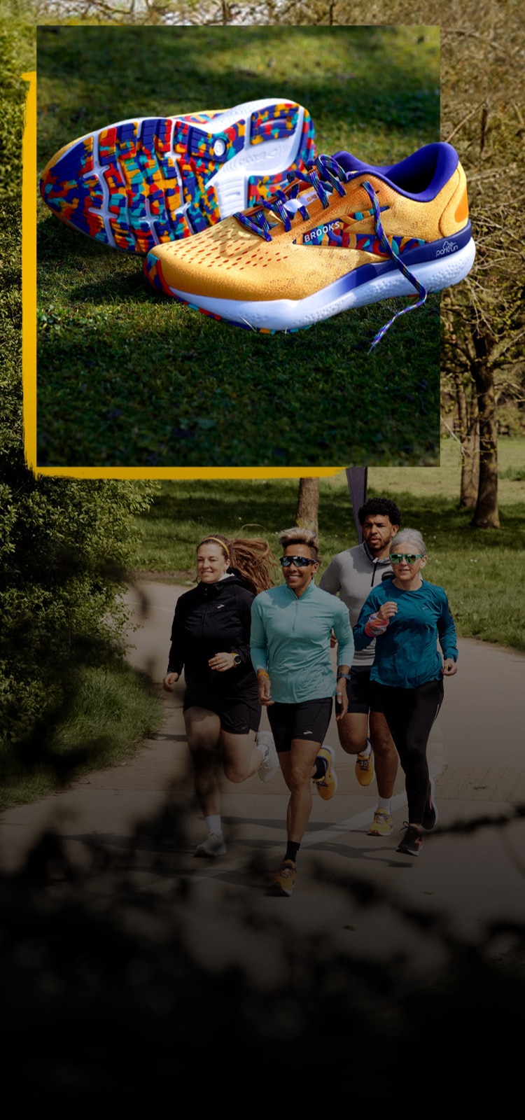 Collage of the limited edition Brooks x parkrun Ghost 16 running shoes