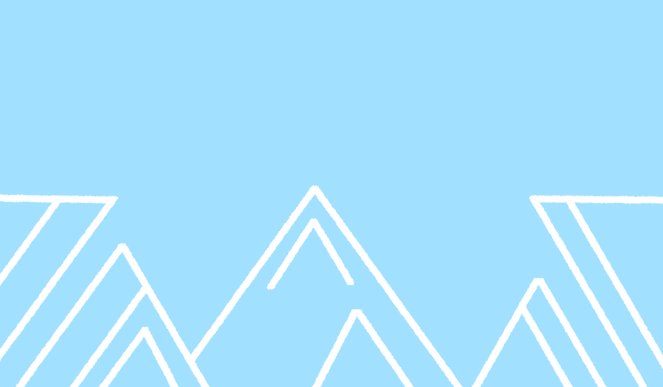 A blue background with white cartoon, geometric mountains drawn on it