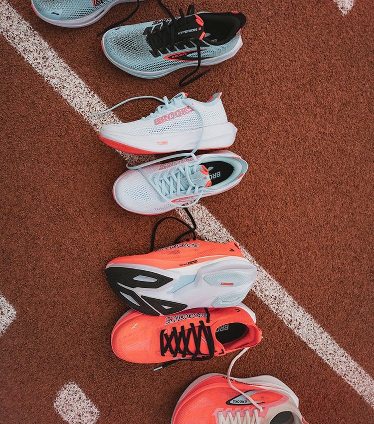 Close up of the Hyperion running shoes range on a track