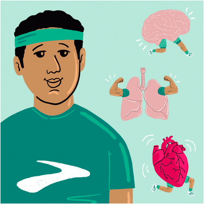 Illustration of runner with green headband and brain, lungs and heart