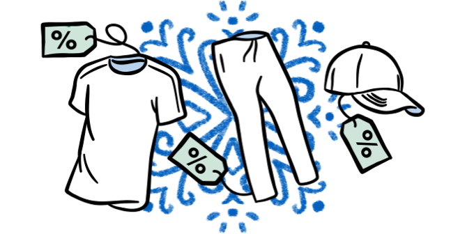 Illustrated clothing items with price tags
